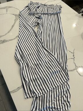 Striped Wide Leg Pants - Navy and White